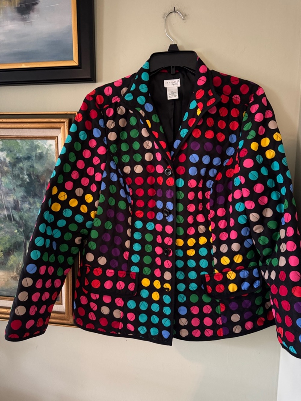 Vintage Vtg Rainbow 🌈 Colorful Polka Dot Jacket Coat Black Background Size L